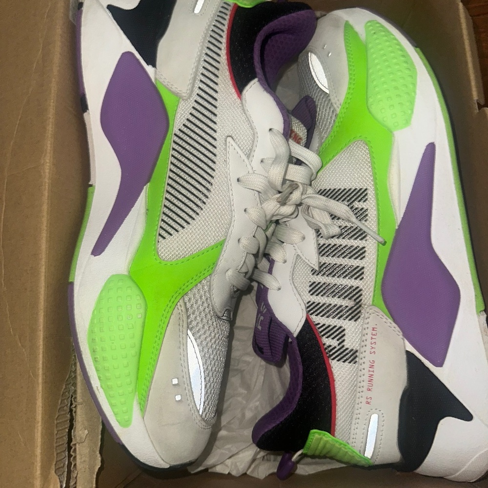 Puma RS-X Bold Men Shoes White GR Gecko-Royal Lilac US 9.5 Buzz Lightyear neon